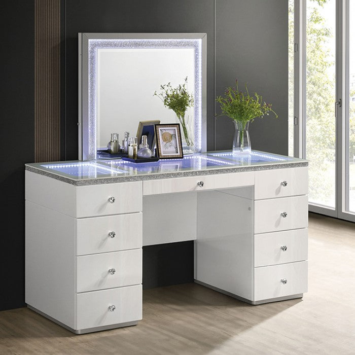 Stoholm Contemporary Rhinestone LED White UV High Gloss Finish Vanity Set - Chic and Modern Makeup Station with Glamorous Accents