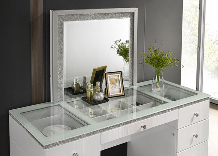 Stoholm Contemporary Rhinestone LED White UV High Gloss Finish Vanity Set - Chic and Modern Makeup Station with Glamorous Accents