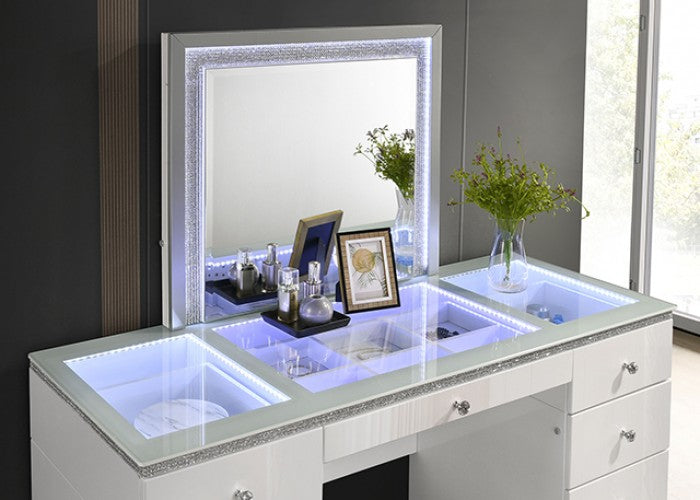 Stoholm Contemporary Rhinestone LED White UV High Gloss Finish Vanity Set - Chic and Modern Makeup Station with Glamorous Accents