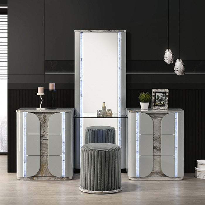 Cleburne Contemporary Light Gray Touch Control LED Vanity Set with Stool - Stylish Makeup Station with Modern Features