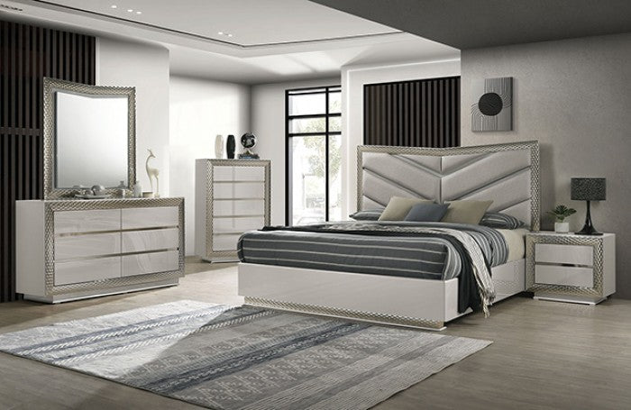 Ventnor Glam Gray Satin Fabric Chest with Felt-Lined Drawer, Glass Shelf, and Silver Molding