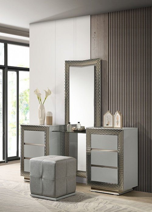 Ventnor Glam Gray Satin Fabric Vanity Set with LED Lighting, Chevron Headboard, and Glass Shelf