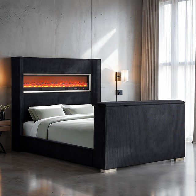 Sumter Black 3D Fireplace Simulator Footboard with TV Lift Bed - Modern Design with Cozy Ambiance and Entertainment Convenience