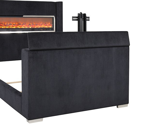 Sumter Black 3D Fireplace Simulator Footboard with TV Lift Bed - Modern Design with Cozy Ambiance and Entertainment Convenience