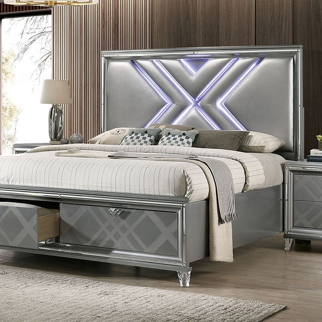Emmeline Contemporary Latherette Silver Drawer Bed