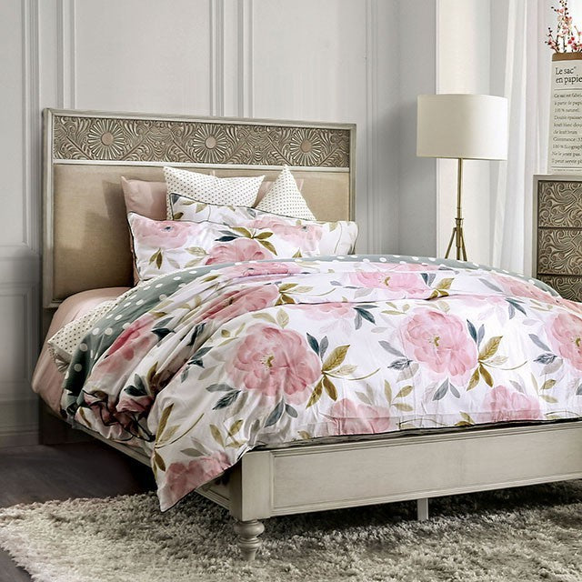 Jakarta Fabric Solid Wood Antique White Beige Bed