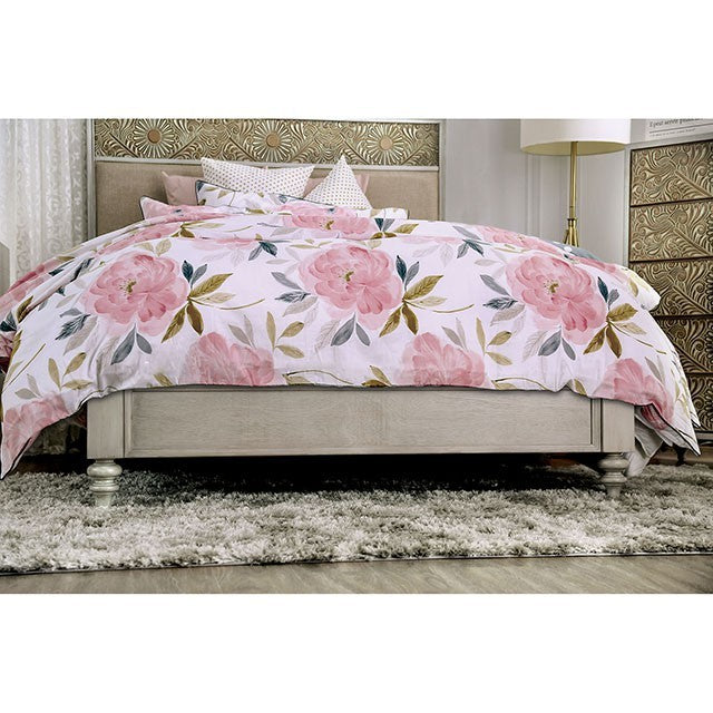 Jakarta Fabric Solid Wood Antique White Beige Bed