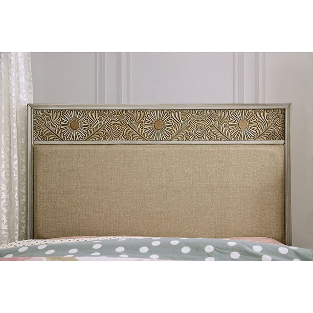 Jakarta Fabric Solid Wood Antique White Beige Bed