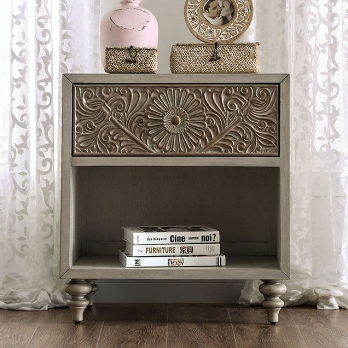 Jakarta Fabric Solid Wood Antique White Beige Nightstand