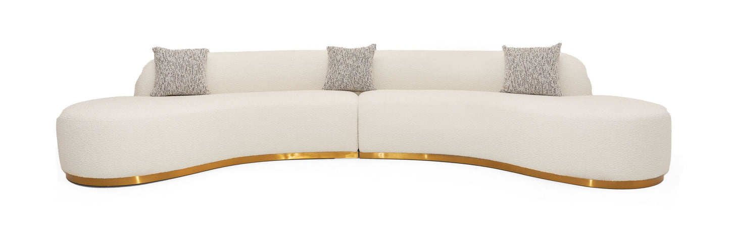 Divani Casa Frontier - Glam White Fabric Curved Sectional Sofa with Taupe Pillows