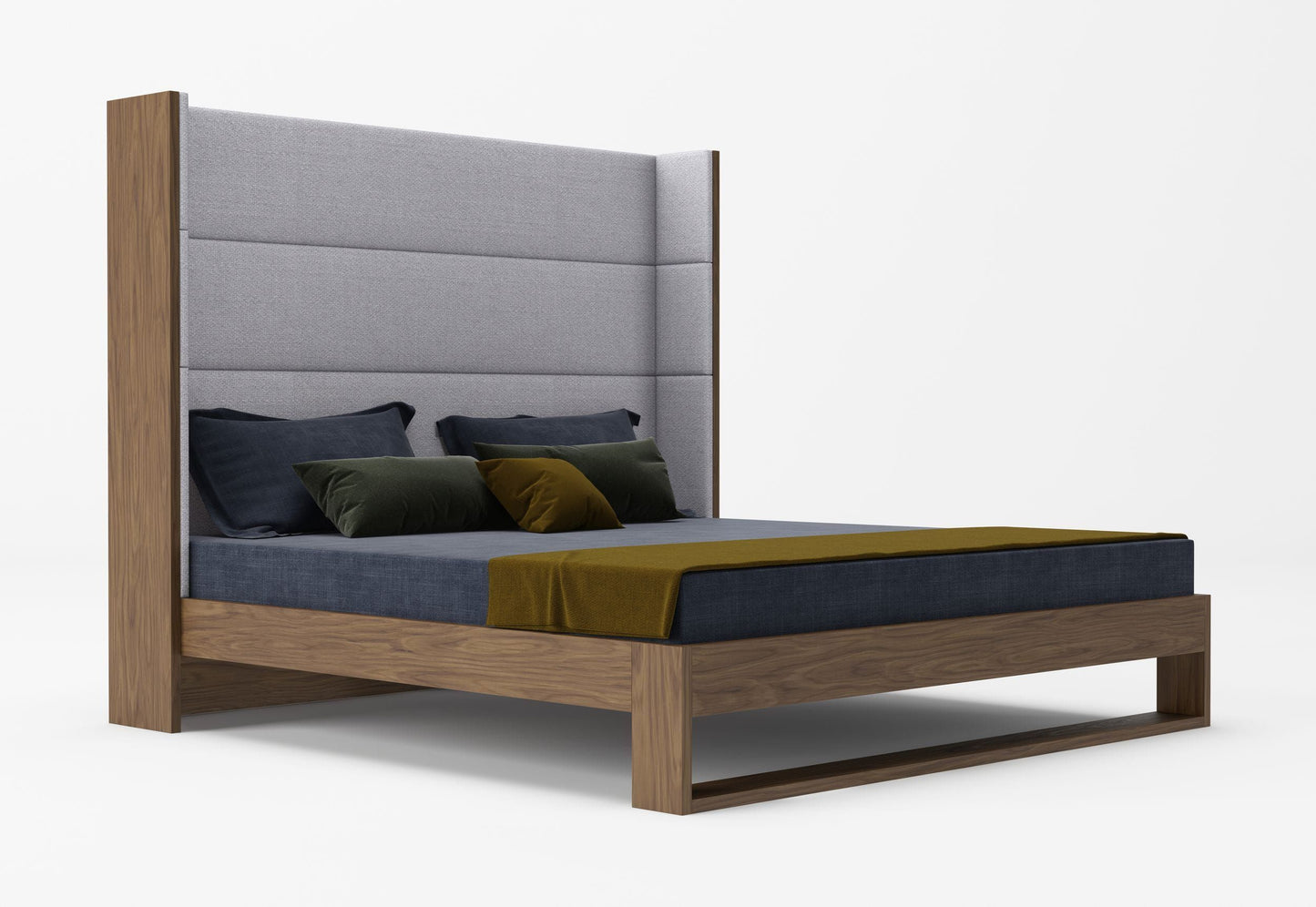 Modrest Helenora Contemporary Grey Fabric Walnut Trim Bed A Stylish Fusion of Cozy Comfort and Sleek Sophistication for Modern Bedroom Spaces