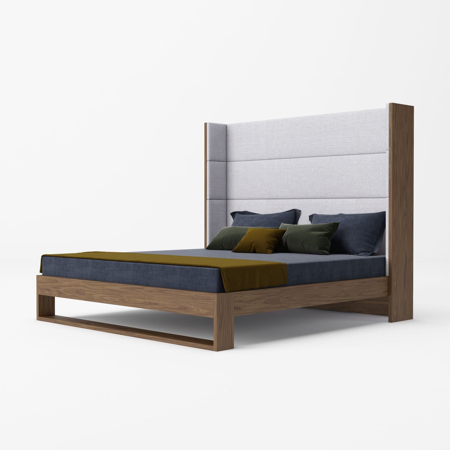 Modrest Helenora Contemporary Grey Fabric Walnut Trim Bed A Stylish Fusion of Cozy Comfort and Sleek Sophistication for Modern Bedroom Spaces