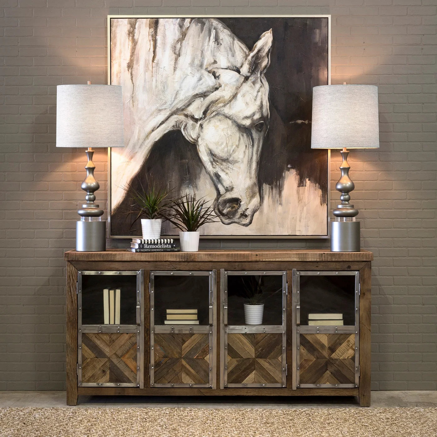 Ayers Sideboard | Reclaimed Railroad Tie Wood with Clear Glass and Chrome Finish on Metal Trim | 4-Door β A Unique Blend of Rustic and Modern Elegance