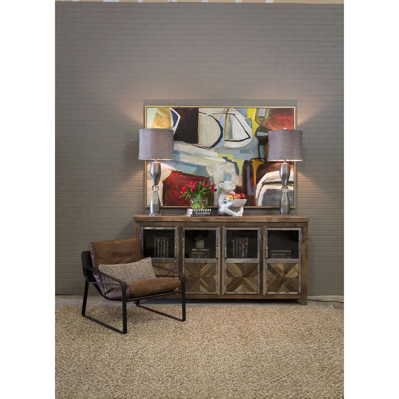 Ayers Sideboard | Reclaimed Railroad Tie Wood with Clear Glass and Chrome Finish on Metal Trim | 4-Door β A Unique Blend of Rustic and Modern Elegance