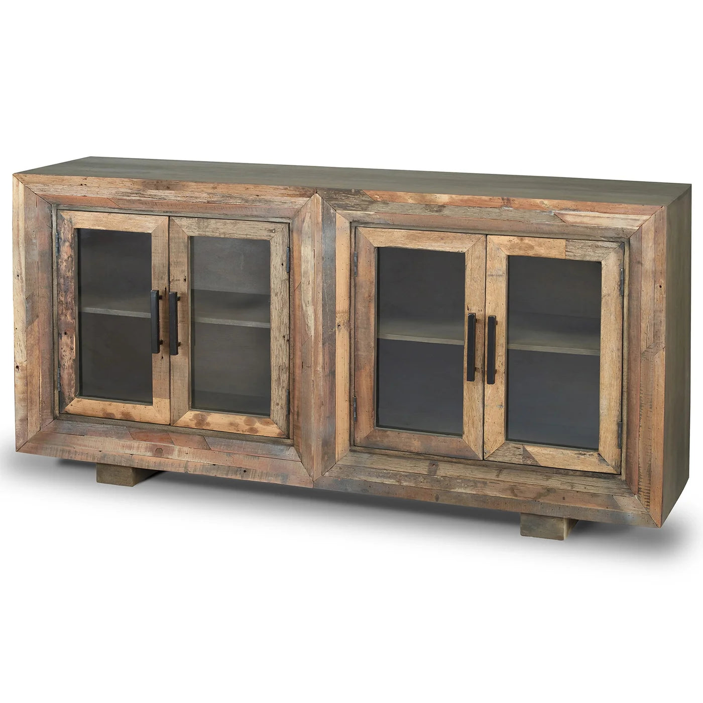 Hughes Sideboard | Natural Finish on Reclaimed Wood with Plain Glass | 4-Door β Timeless and Eco-Friendly Storage Solution