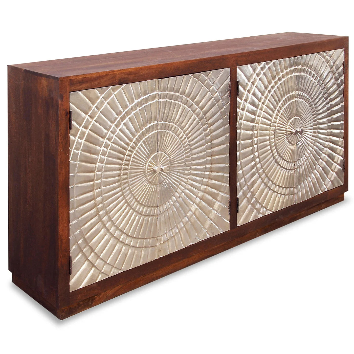 Halifax Sideboard | Silver Metal Wrapped Doors with Dark Walnut Finish on Mango Wood | 4-Door β Stylish and Durable Storage Solution for Modern Homes