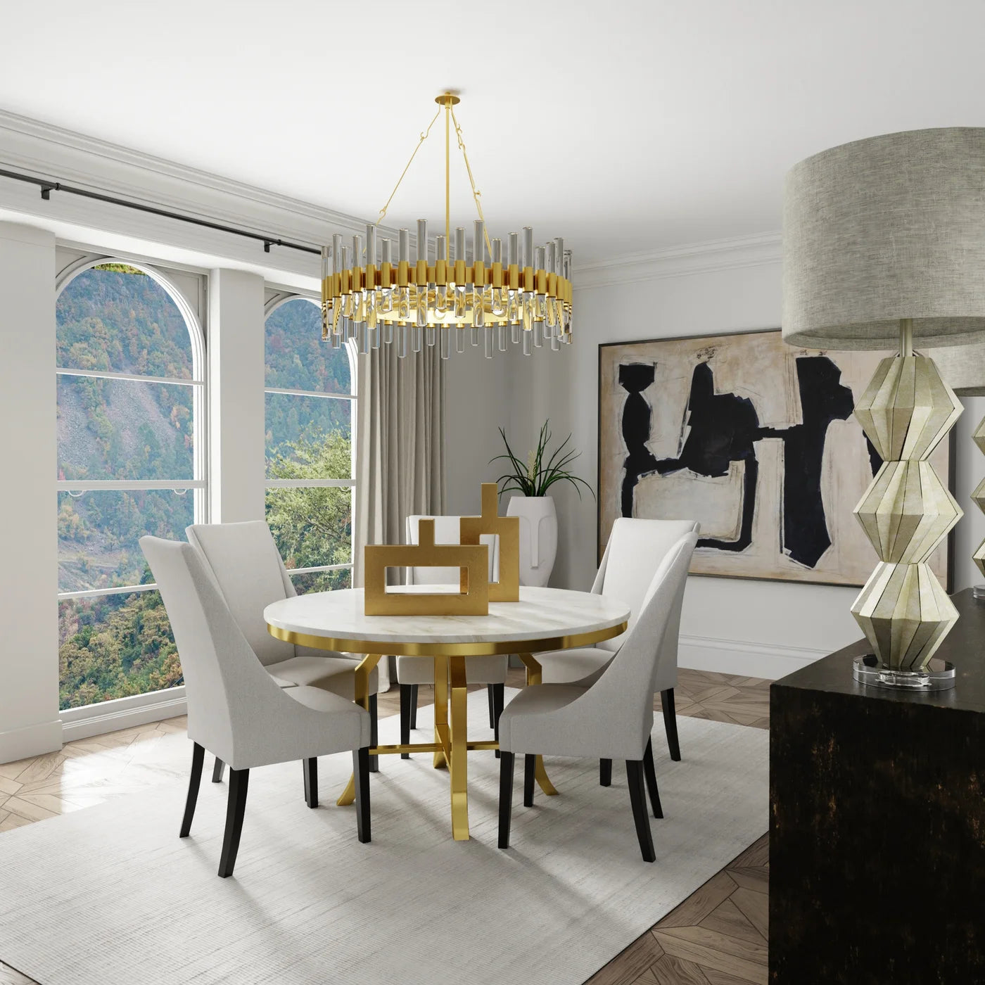 Fillmore Dining Table | Brushed Gold Finish on Metal with Veneer Marble Top β Sophisticated and Modern Dining Table for Contemporary Interiors