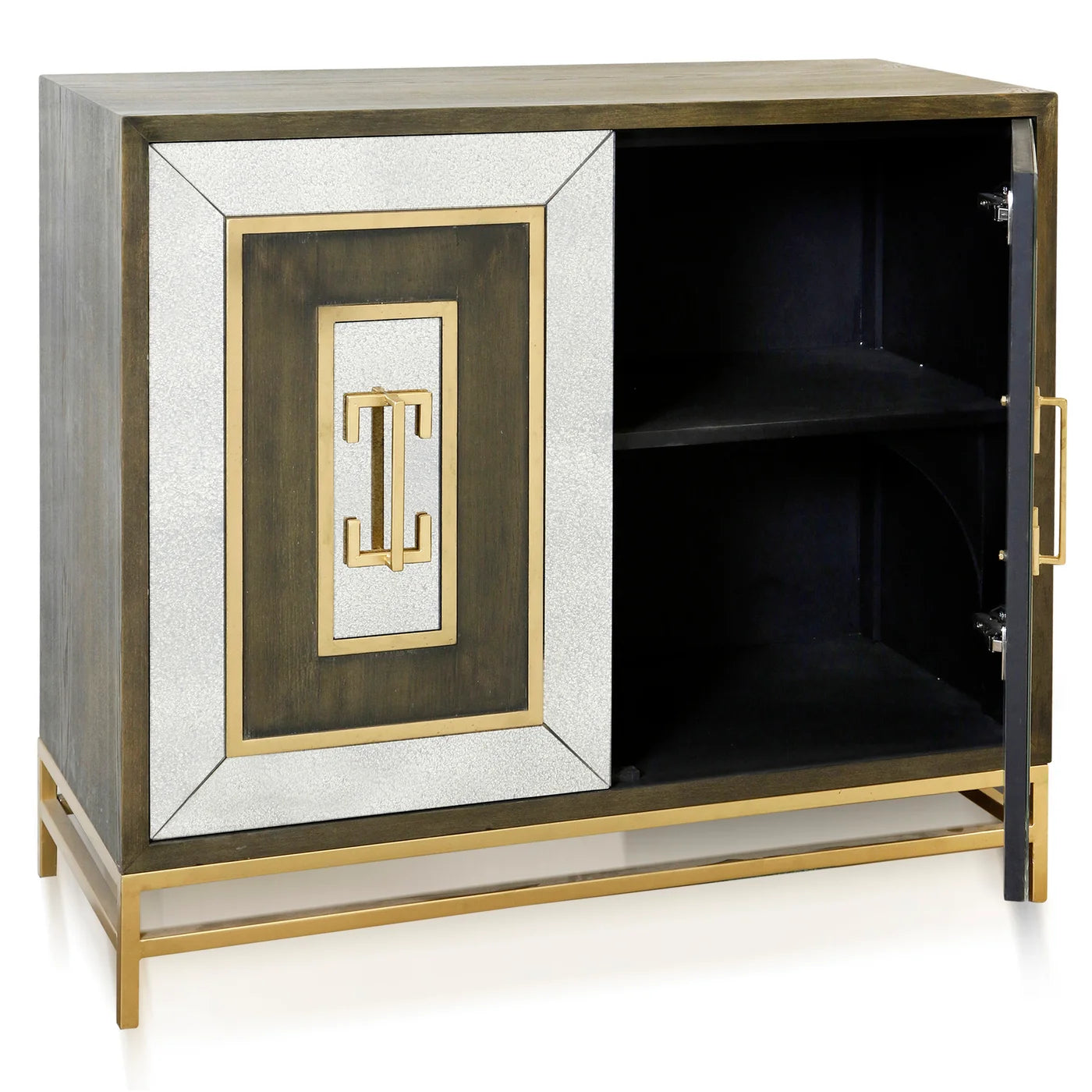 Jamison Cabinet | Dark Walnut Finish on Hardwood with Antique Mirror and Antique Brass Metal | 2 Door β Sophisticated and Timeless Storage for Contemporary Interiors