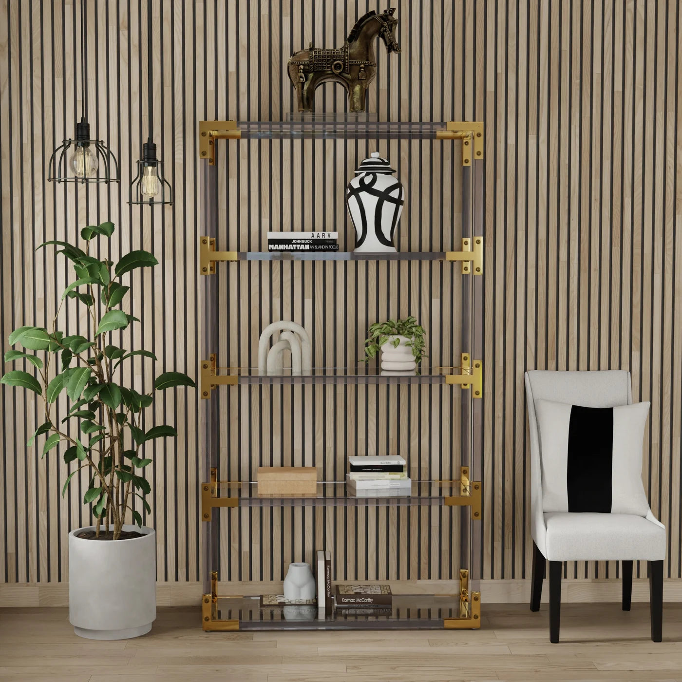 Rani Bookcase - Large | Acrylic and Clear Glass with Brass Finish on Metal β Elegant and Modern Storage for Stylish Interiors