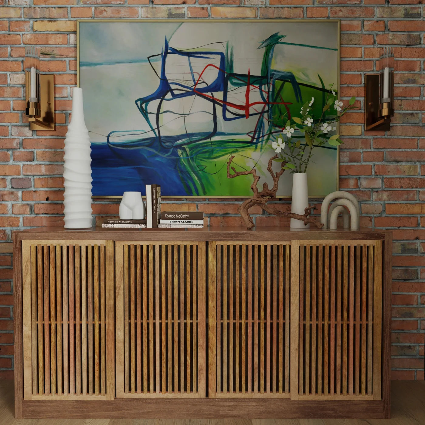 Watson Sideboard β Natural Finish with Sliding Slat Doors and Gray Finish on Mango Wood, 4 Door Design