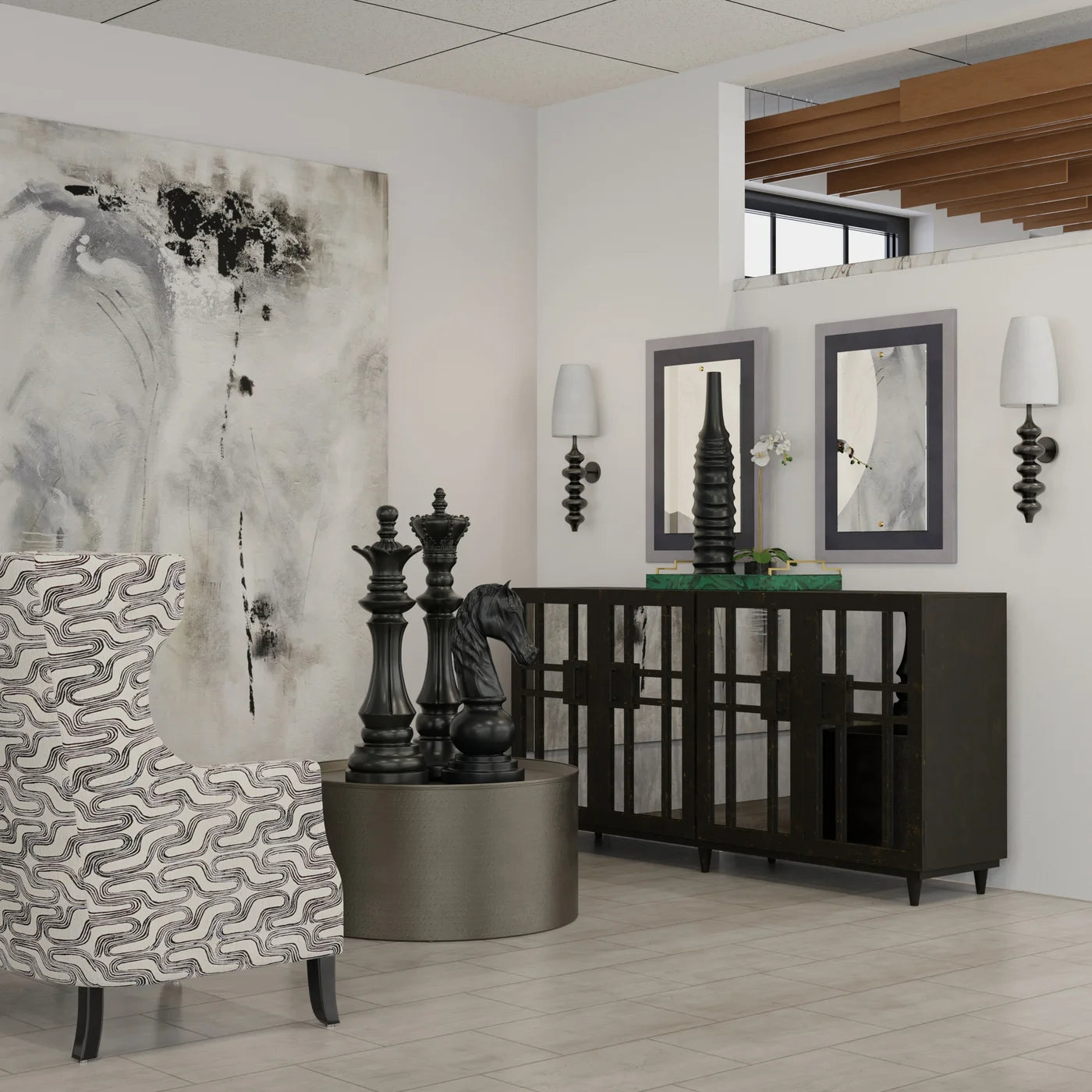 Rourke Sideboard | Matte Black Finish on Mango Wood with Antique Mirror | 4-Door β Stylish and Functional Storage for Modern Interiors