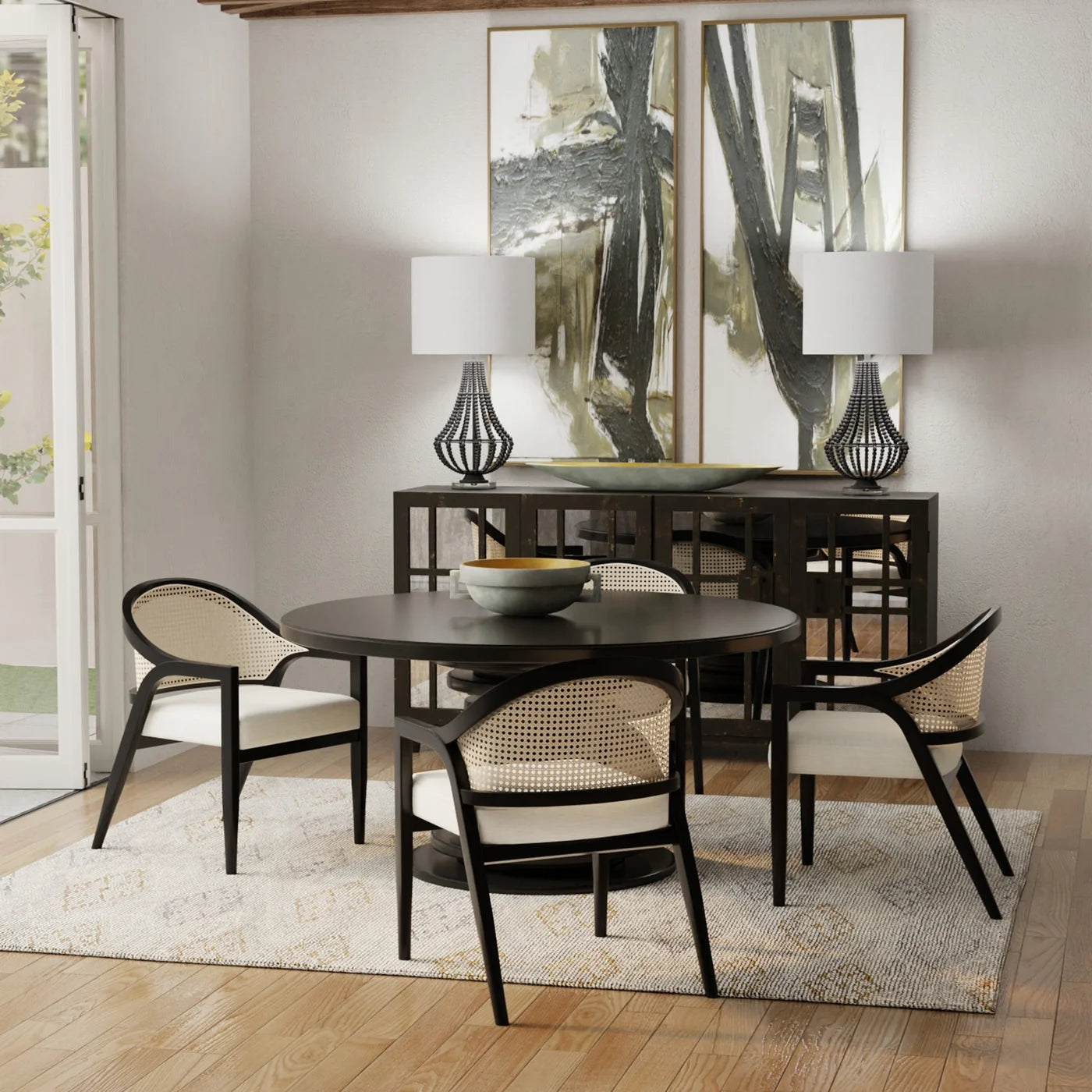 Rourke Sideboard | Matte Black Finish on Mango Wood with Antique Mirror | 4-Door β Stylish and Functional Storage for Modern Interiors