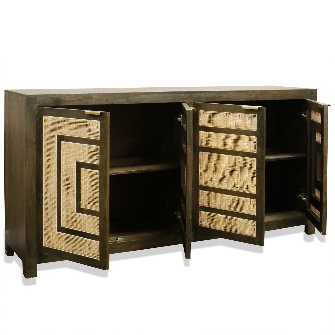 Spencer Sideboard β Matte Gray Finish on Mango Wood with Natural Rattan Doors, 4 Door Design
