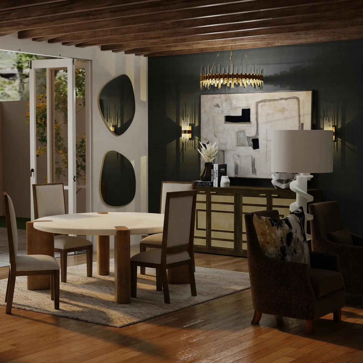 Spencer Sideboard β Matte Gray Finish on Mango Wood with Natural Rattan Doors, 4 Door Design