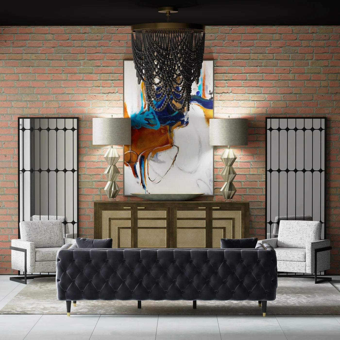 Spencer Sideboard β Matte Gray Finish on Mango Wood with Natural Rattan Doors, 4 Door Design