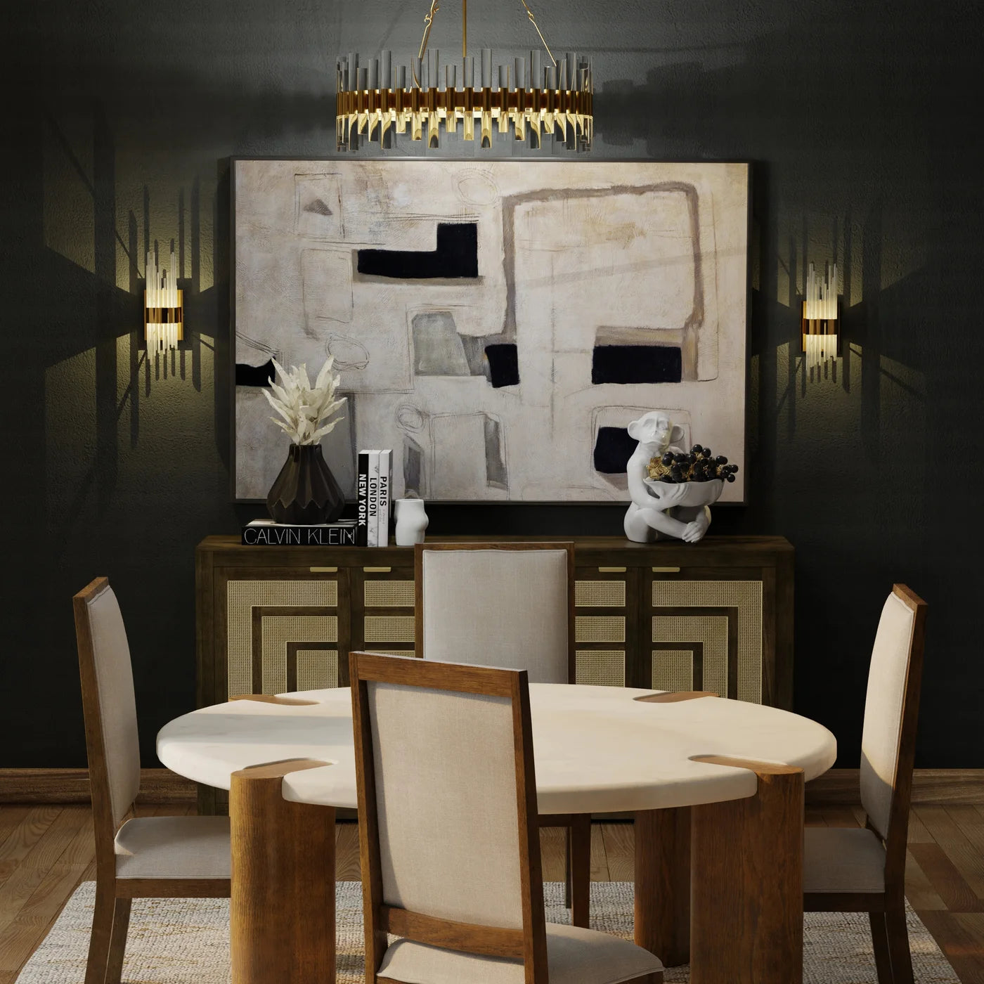 Spencer Sideboard β Matte Gray Finish on Mango Wood with Natural Rattan Doors, 4 Door Design
