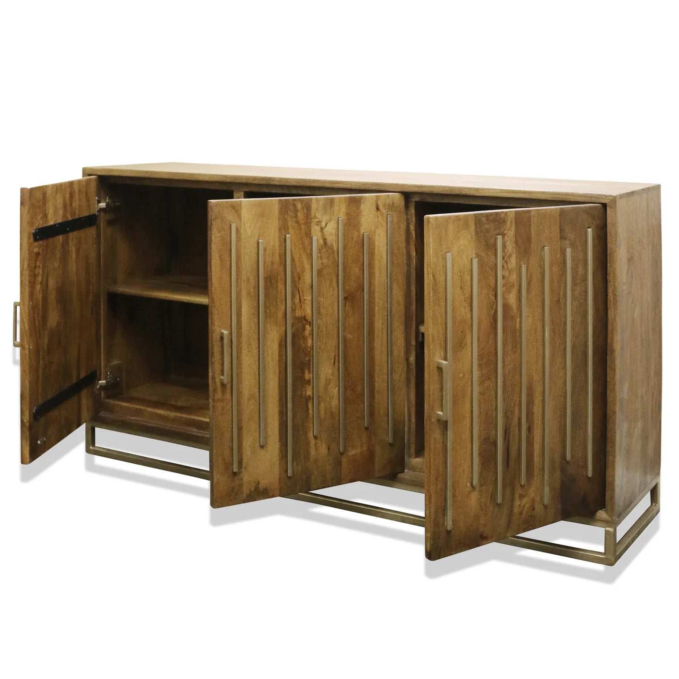 Thackary Sideboard – Walnut Finish on Mango Wood with Brushed Brass Metal Detail, 3 Door Design