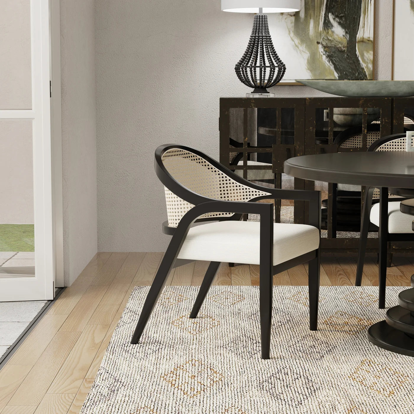 Thane Dining Chair β Natural Rattan Back with Cream Linen Seat on Black Finished Beech Wood Frame