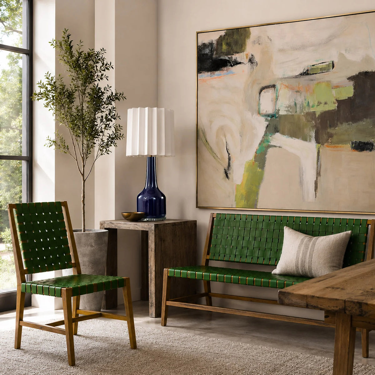 Adams Dining Chair Woven Olive Leather Solid Wood Frame