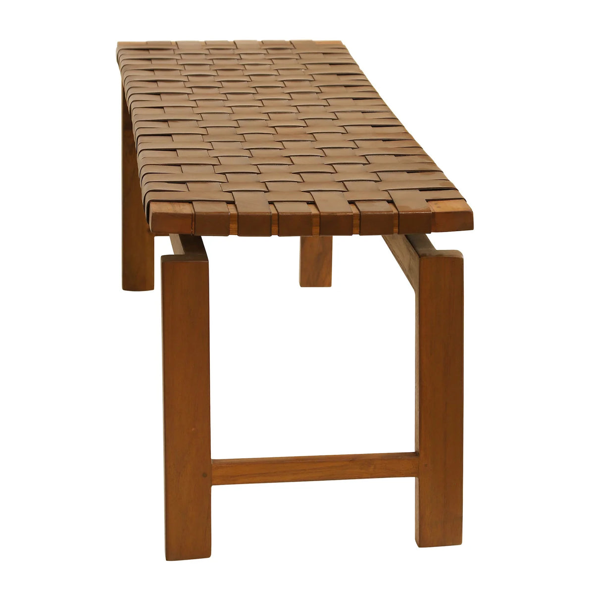 Adams Backless Bench Woven Cognac Leather Solid Wood Frame