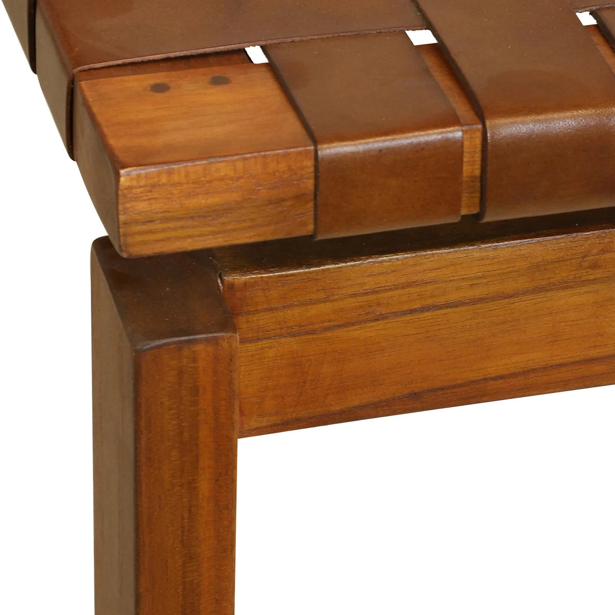Adams Backless Bench Woven Cognac Leather Solid Wood Frame