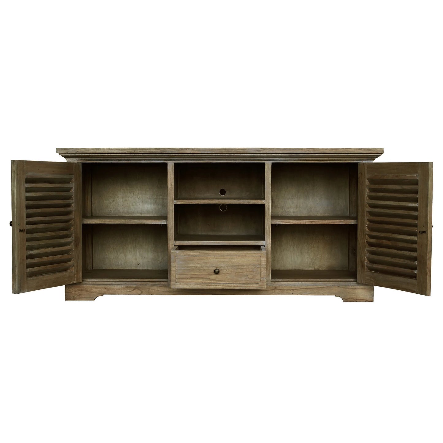 Natural Grey Washed Wooden Colonial TV Cabinet with 2 Shelves, 2 Shutter Doors, and 1 Drawer Stylish Entertainment Storage Solution