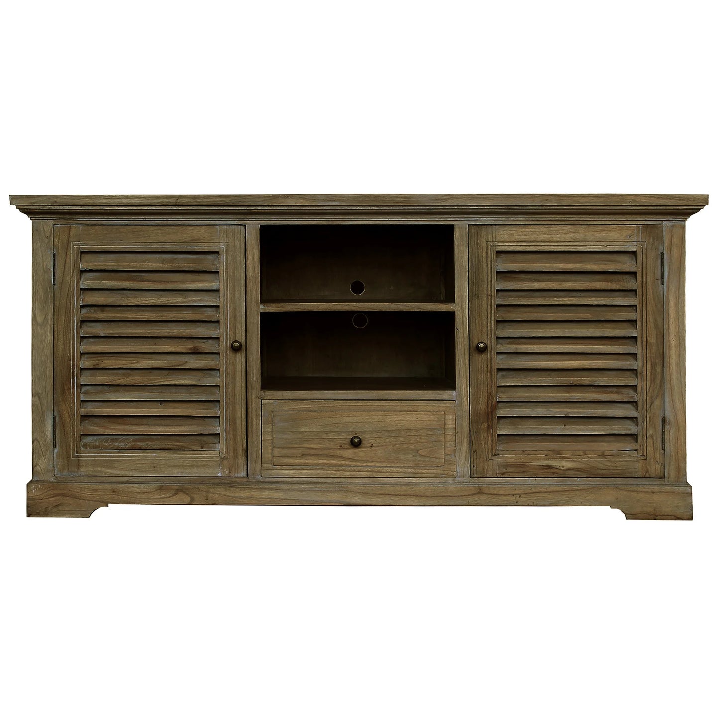 Natural Grey Washed Wooden Colonial TV Cabinet with 2 Shelves, 2 Shutter Doors, and 1 Drawer Stylish Entertainment Storage Solution