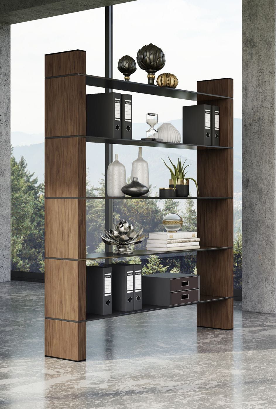Modrest Glencoe - Modern Walnut & Black Glass Bookshelf