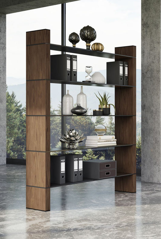 Modrest Glencoe Modern Walnut & Black Glass Bookshelf - Sleek Display & Storage Solution