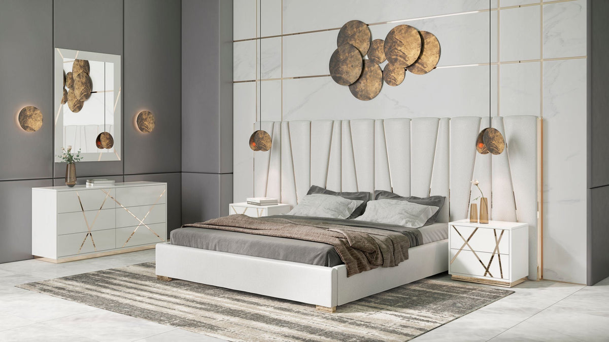 Nixa White Bonded Leather and Gold Platform bed