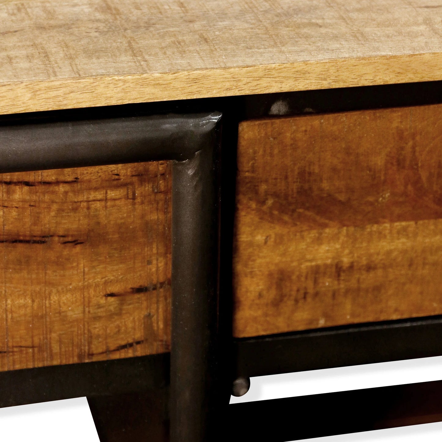 Industrial Cabinet Glass Front with Natural Wood Top Black Metal Body and Drawers Stylish Storage Solution