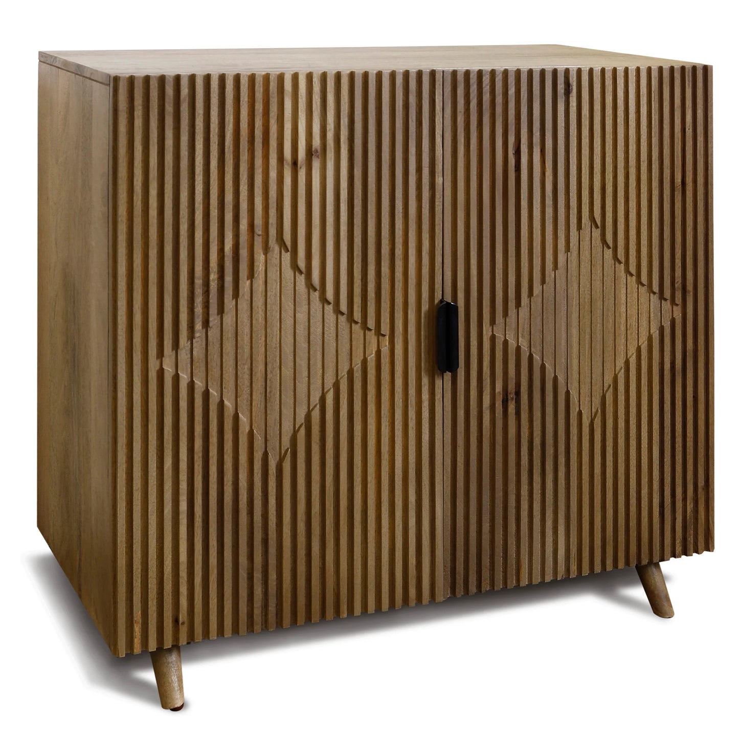 Fluted Diamond Natural Mango Wood Cabinet Light Taupe Grey Finish Stylish Storage Solution
