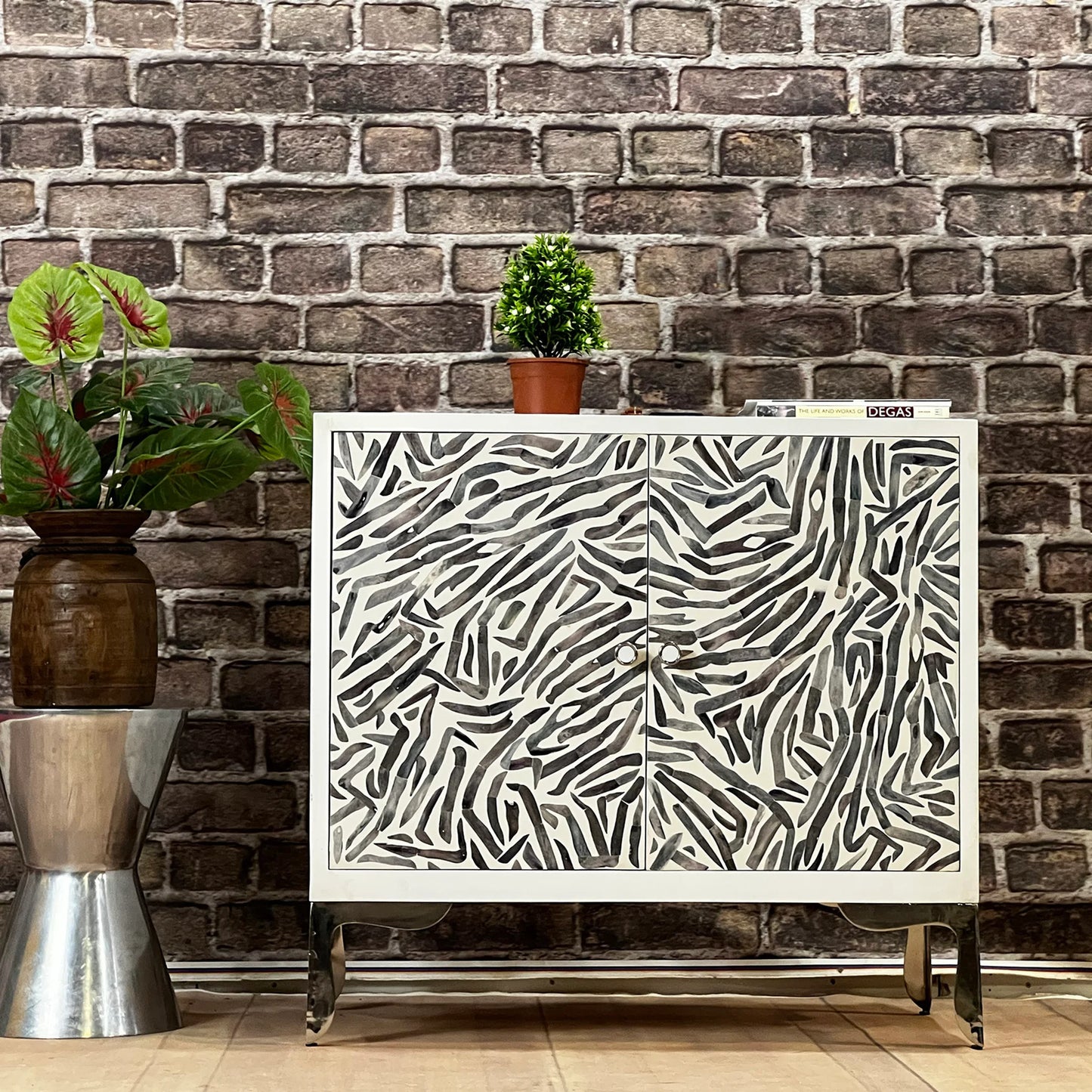 Serpentine Cabinet Off White Bone Grey Mosaic Double Doors Stylish Storage Solution