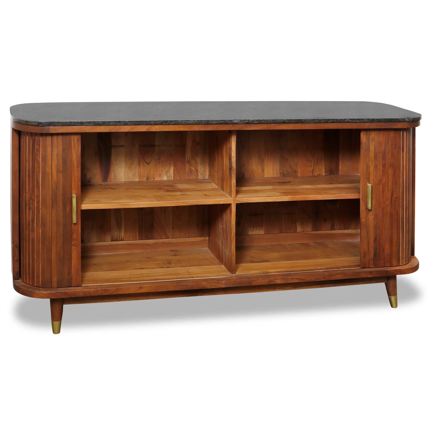 Tambour Oval Cardenza Solid Acacia Wood Light Brown Black Marbled Top Storage