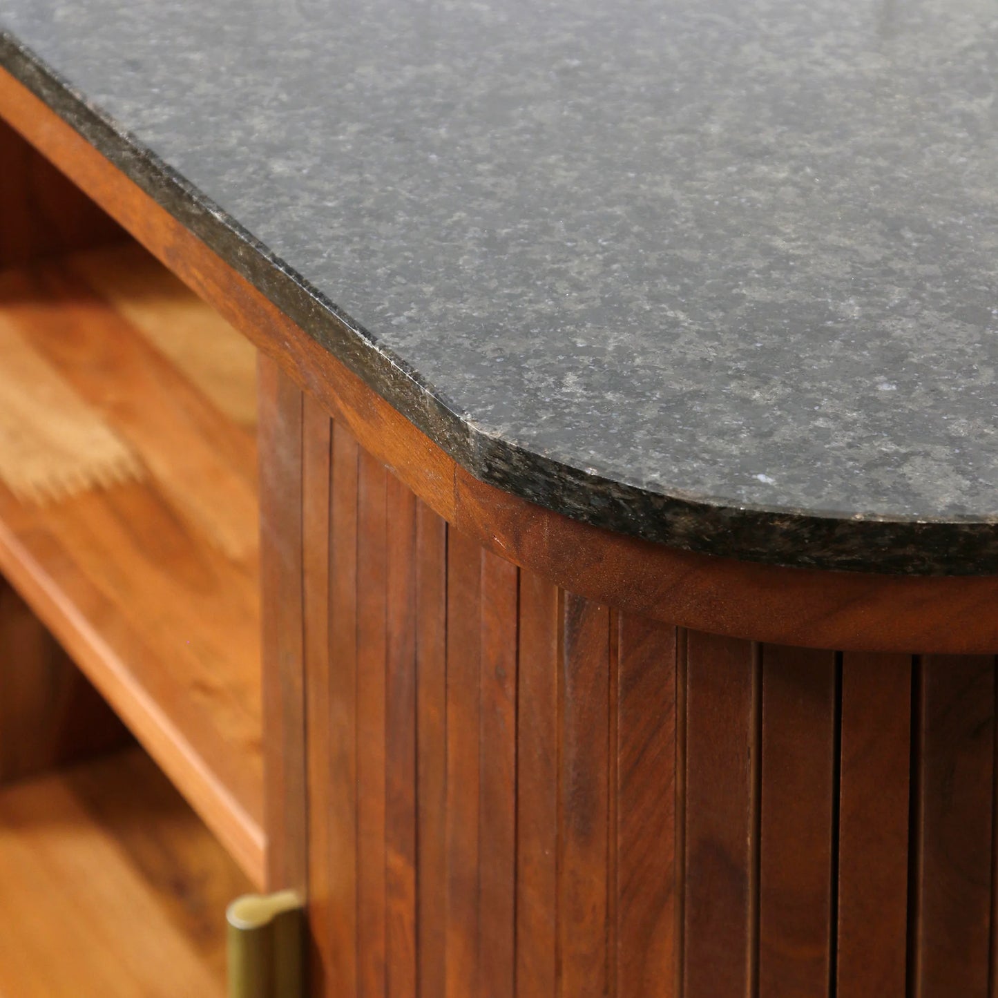 Tambour Oval Cardenza Solid Acacia Wood Light Brown Black Marbled Top Storage