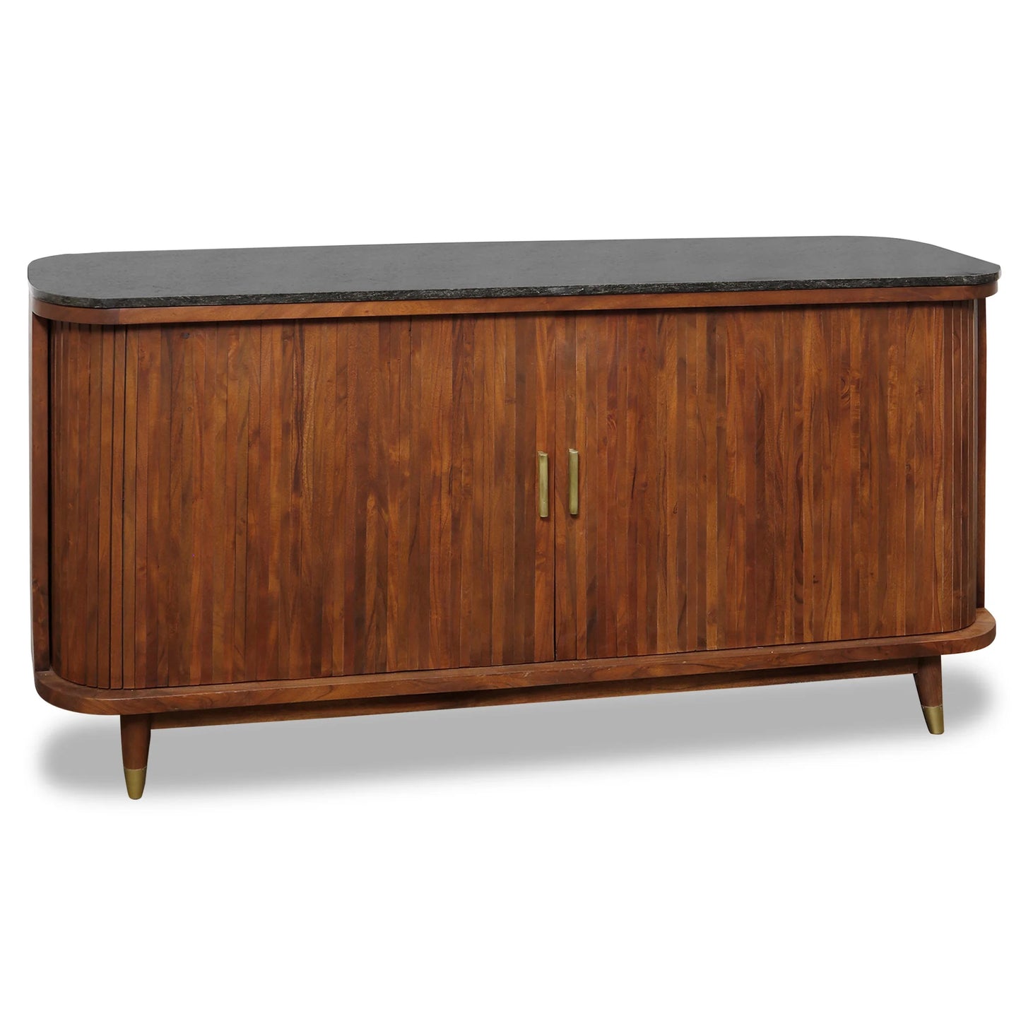 Tambour Oval Cardenza Solid Acacia Wood Light Brown Black Marbled Top Storage