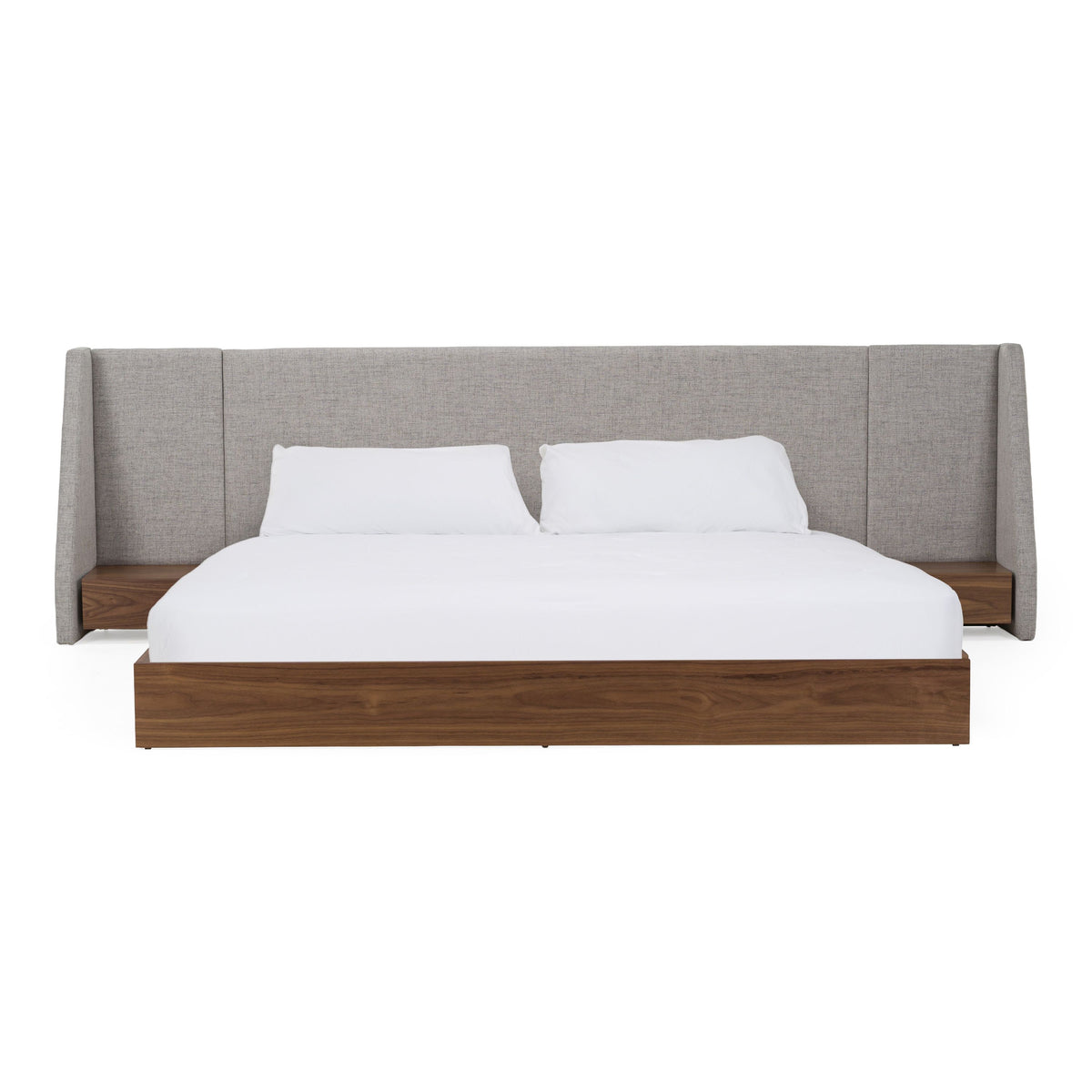 Janice Grey Fabric Bed with Walnut Rails and Two Nightstands