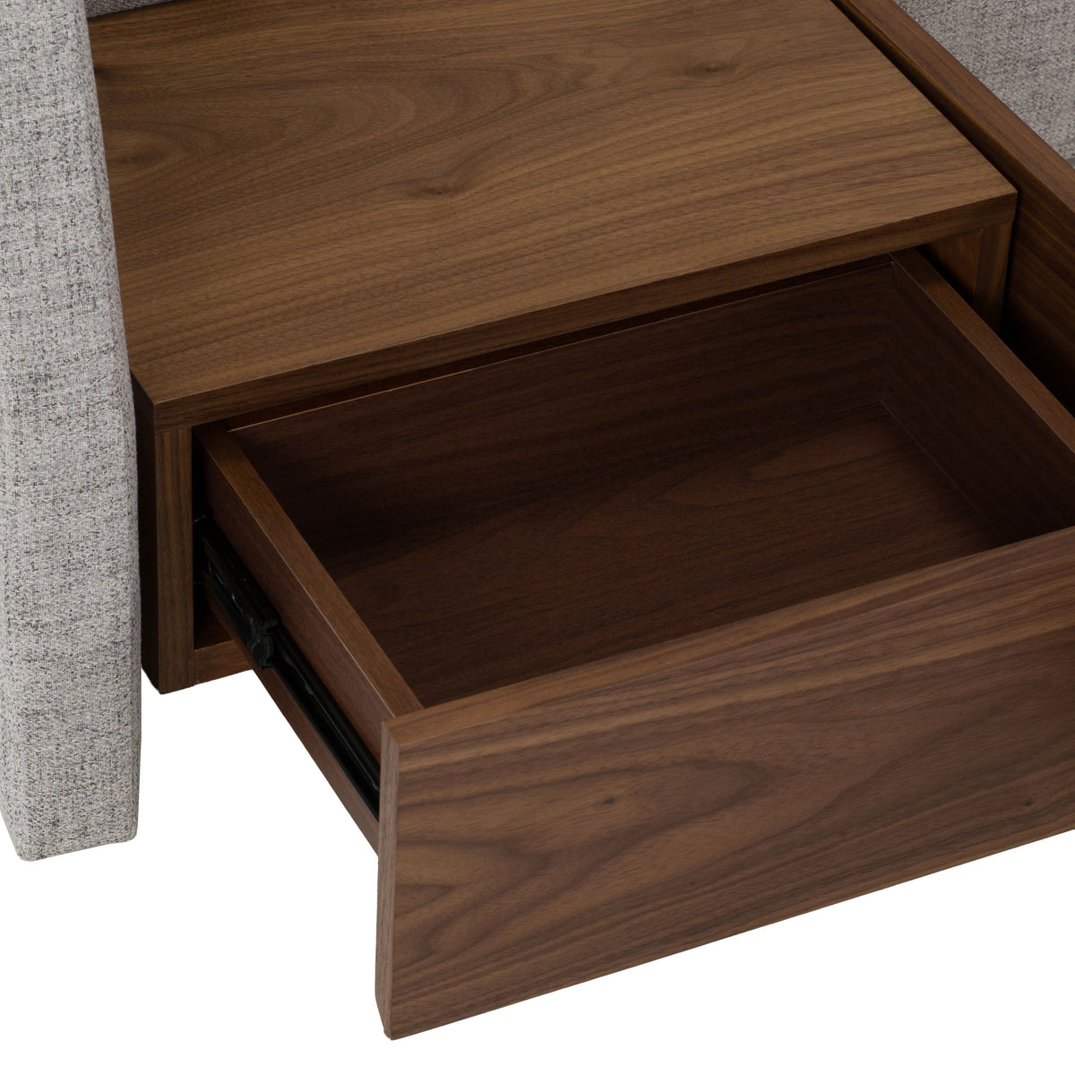 Janice Grey Fabric Bed with Walnut Rails and Two Nightstands