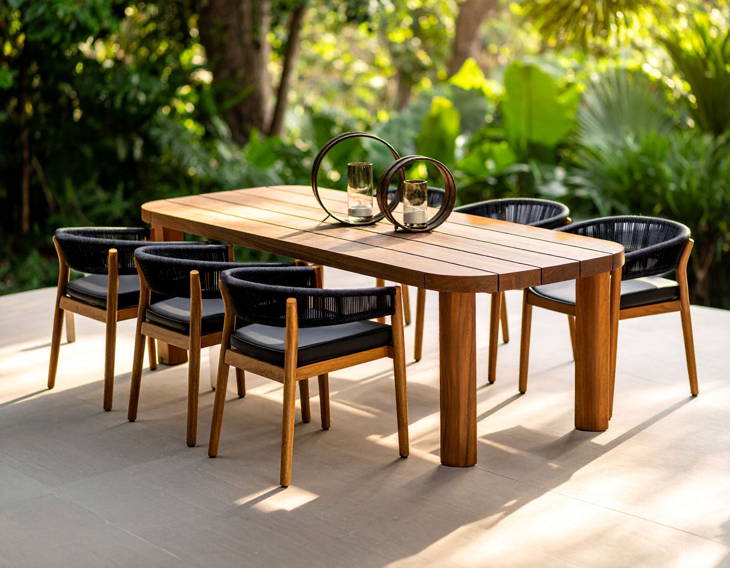 Kamari Outdoor Dining Set – Teak Wood Table with Grey Olefin Fabric Chairs