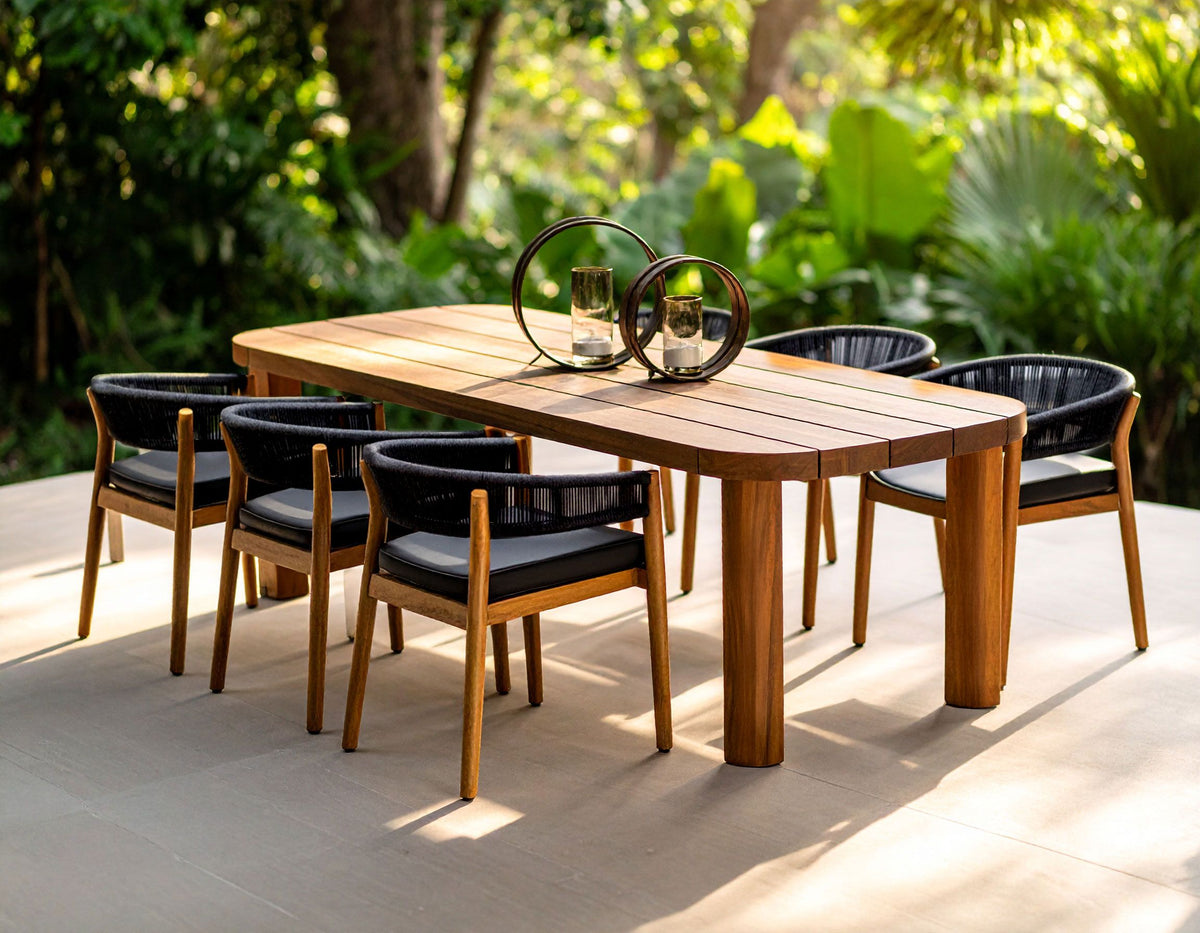 Kamari Outdoor Dining Set β Teak Wood Table with Grey Olefin Fabric Chairs